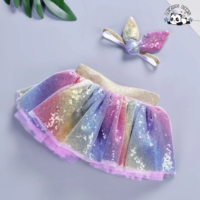 LEZONKIDS - Factory Wholesale Cheap Custom Rainbow Sequin Skirt Kids TUTU Skirts Rainbow Girls Skirt for 2-14 Years